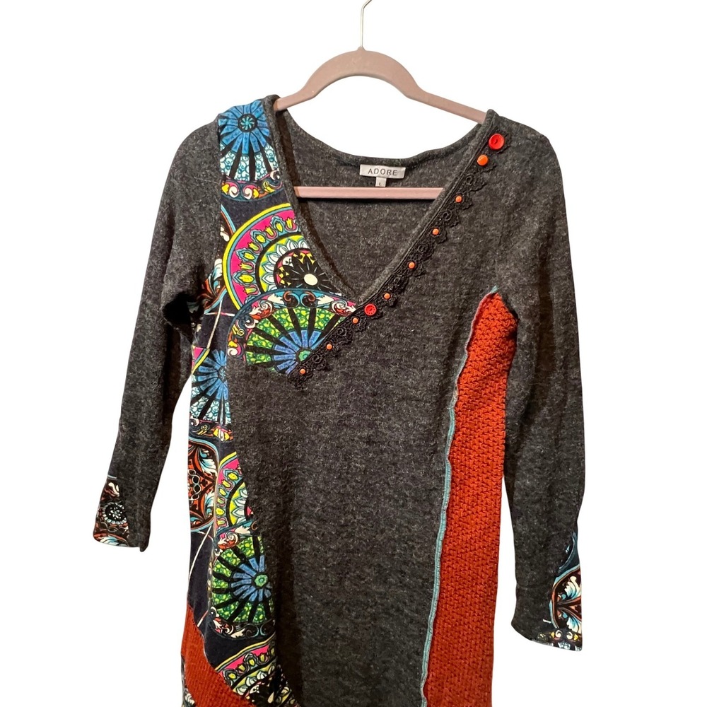 Adore Womens Tunic Dress Mixed Media Mandala Boho Lace Trim L Grey Orange Multi